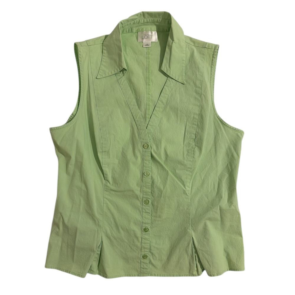 Ann Taylor LOFT Womens‎ Sleeveless Button Down Shirt Lime Green V-Neck Top